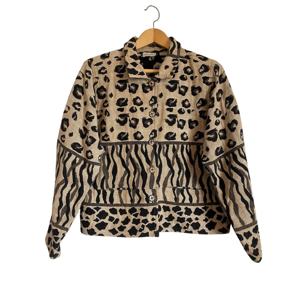 VTG New Identity Tapestry Jacket Leopard Tan Black Buttons Collar Pockets L Art